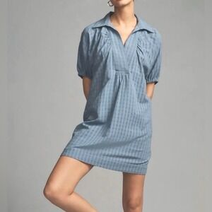 Anthropologie M Medium Textured Slate Blue Cotton Tunic Mini Dress Peasant Boho